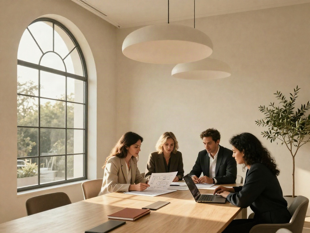 Consultants reviewing business charts together in a sunlit contemporary boardroom